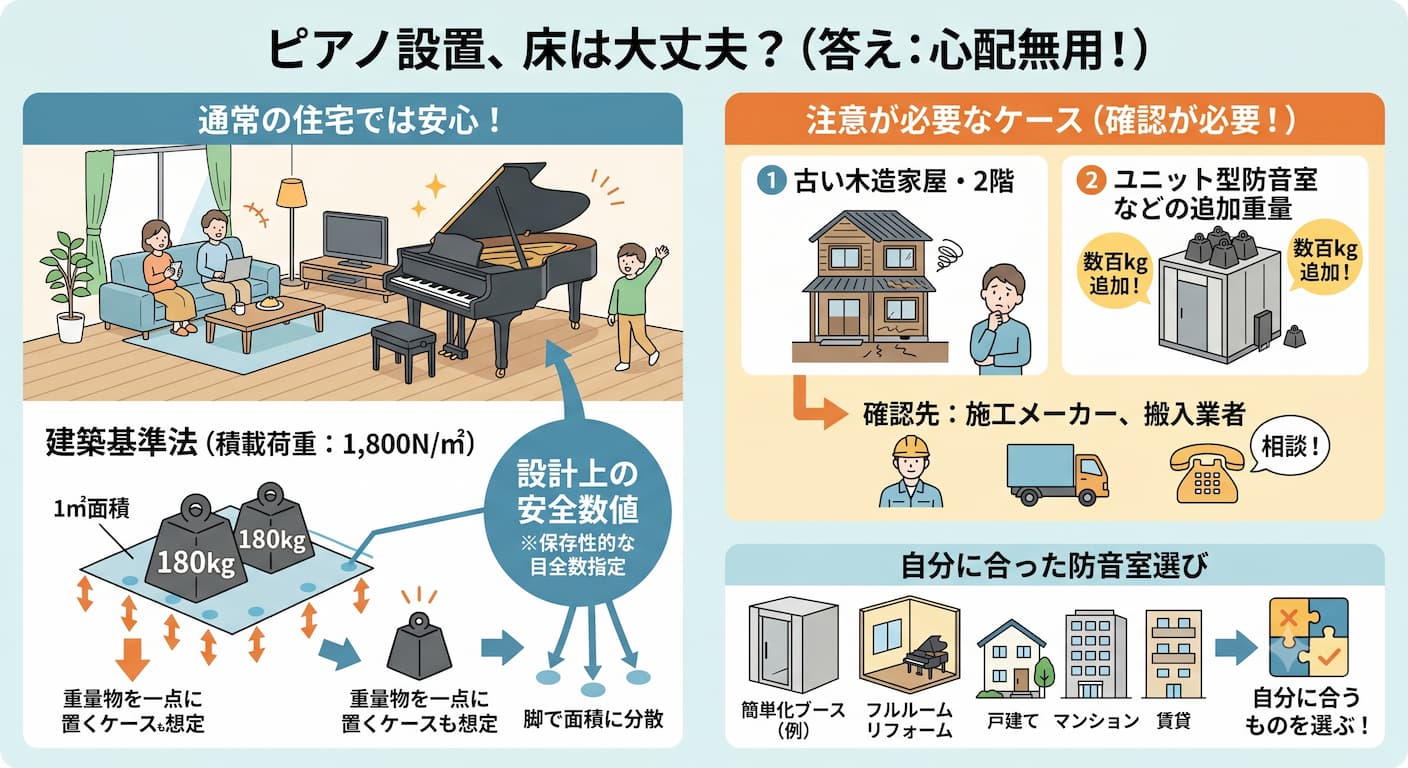 ピアノの床耐荷重と設置条件を解説したイラスト。一般住宅では問題なく設置できるが、古い木造住宅や防音室の追加設置では床強度の確認が必要となる。