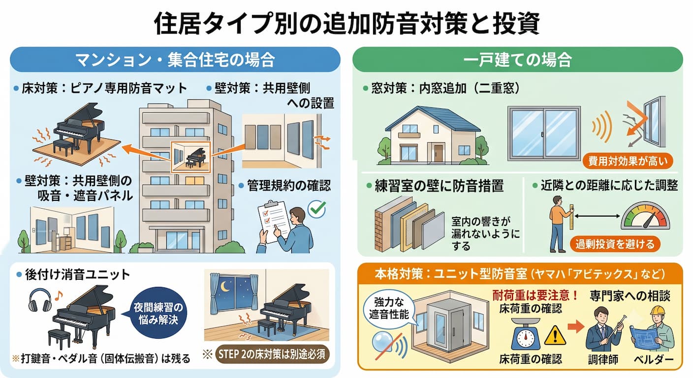ピアノの防音対策を住宅タイプ別にまとめたイラスト。マンションでは床・壁対策や管理規約の確認、一戸建てでは二重窓や防音施工、ユニット型防音室の活用方法を紹介している。
