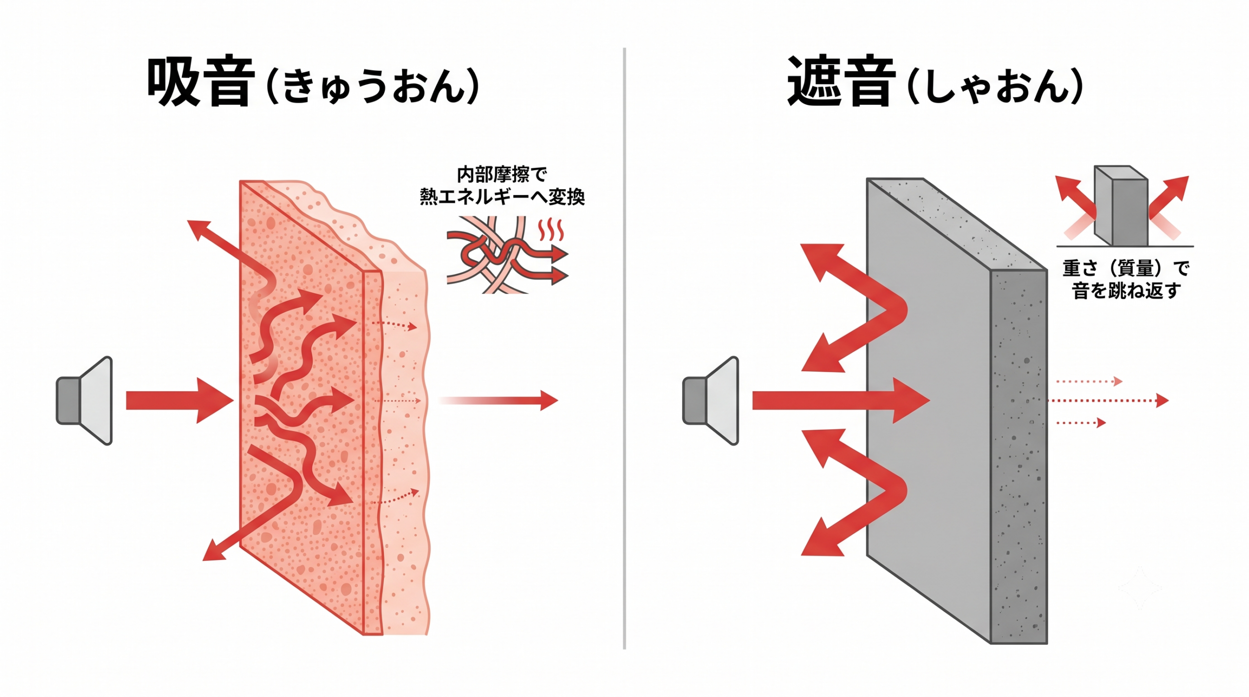 防音対策における吸音と遮音の違いを解説した図。吸音材による反響音の低減と、遮音材による音漏れ防止の仕組みを比較している。